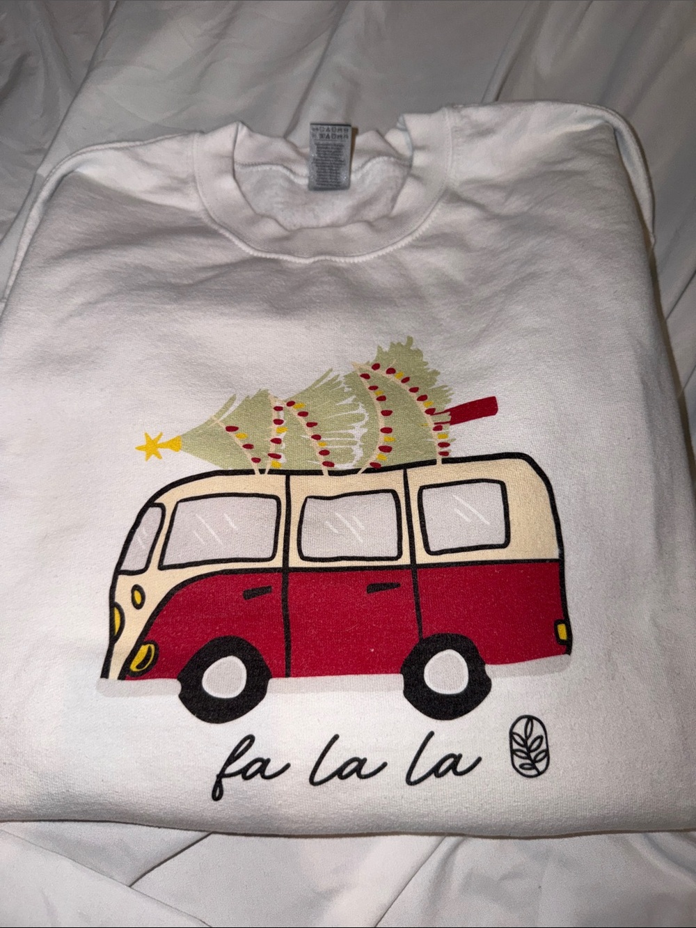 Gildan White Kids Sweatshirt with Red & Cream Holiday Van Graphic